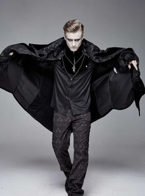 Gothic Style Gorgeous Printed Fabric Detachable Metal Cross Chain Decoration In The Middle Of The Front Black Men's Cloak