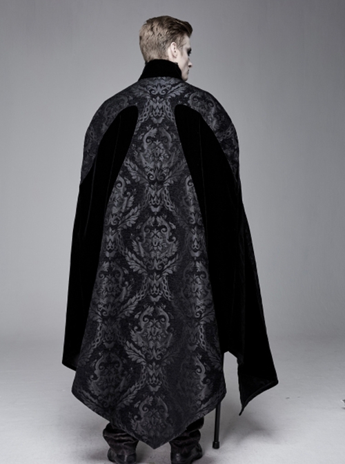 Gothic Style Gorgeous Printed Fabric Detachable Metal Cross Chain Decoration In The Middle Of The Front Black Men's Cloak