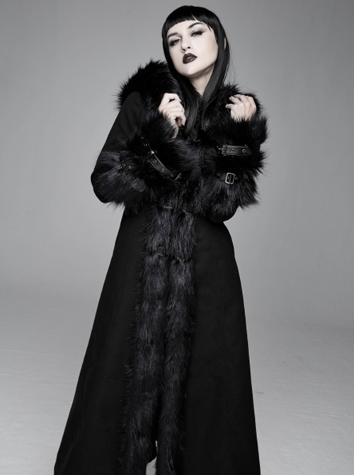 Gothic Style Simple Double Sided Warm Wool Front Center Detachable Wool Strip Sleeve Ring Black Large Fur Collar Long Sleeve Coat