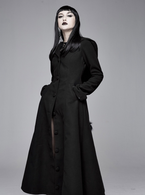 Gothic Style Simple Double Sided Warm Wool Front Center Detachable Wool Strip Sleeve Ring Black Large Fur Collar Long Sleeve Coat