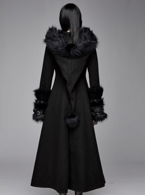 Gothic Style Simple Double Sided Warm Wool Front Center Detachable Wool Strip Sleeve Ring Black Large Fur Collar Long Sleeve Coat