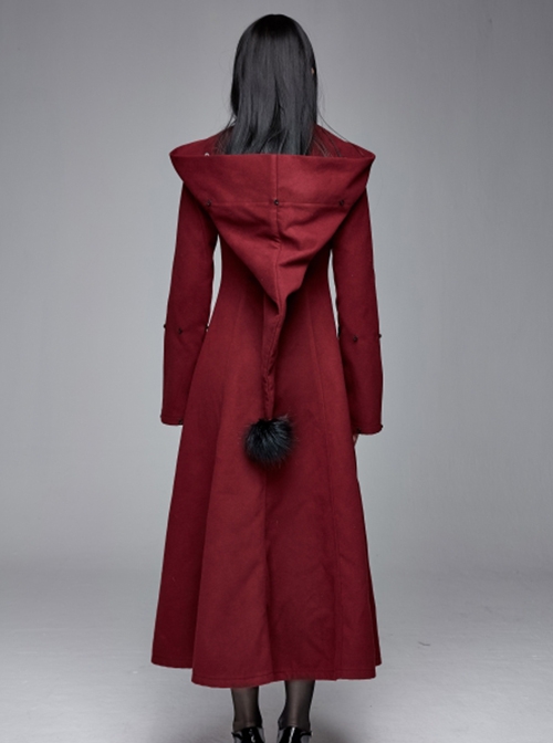 Gothic Style Simple Double-Sided Warm Wool Front Center Detachable Wool Strip Sleeve Ring Red Large Fur Collar Long Sleeve Coat