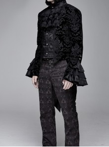 Gothic Style Palace Pattern Flocking Printed Fabric Chest Lace Ruffles Retro High Collar Black Trumpet Sleeve Jacquard Coat