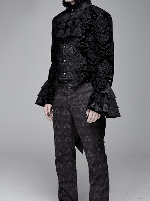 Gothic Style Palace Pattern Flocking Printed Fabric Chest Lace Ruffles Retro High Collar Black Trumpet Sleeve Jacquard Coat
