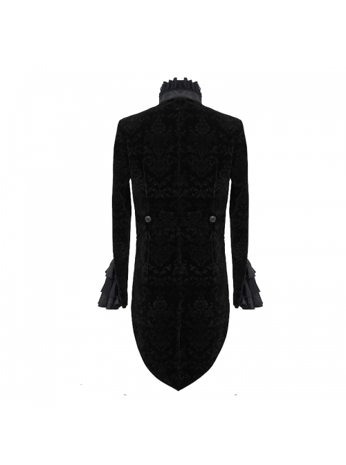 Gothic Style Palace Pattern Flocking Printed Fabric Chest Lace Ruffles Retro High Collar Black Trumpet Sleeve Jacquard Coat