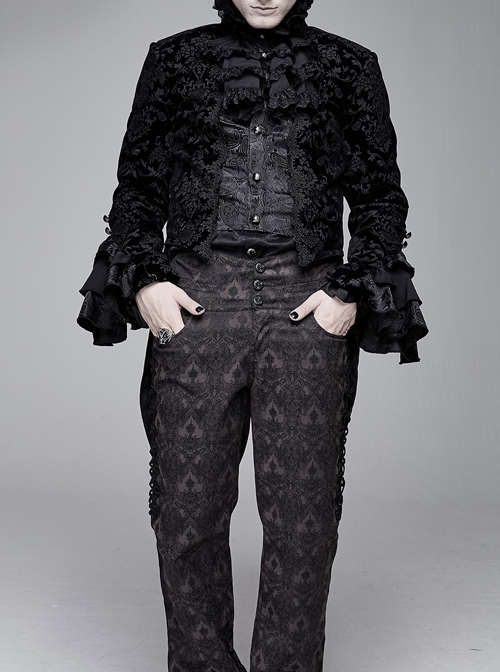 Gothic Style Palace Pattern Flocking Printed Fabric Chest Lace Ruffles Retro High Collar Black Trumpet Sleeve Jacquard Coat