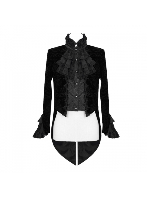 Gothic Style Palace Pattern Flocking Printed Fabric Chest Lace Ruffles Retro High Collar Black Trumpet Sleeve Jacquard Coat