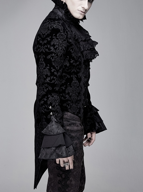 Gothic Style Palace Pattern Flocking Printed Fabric Chest Lace Ruffles Retro High Collar Black Trumpet Sleeve Jacquard Coat