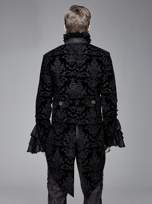 Gothic Style Palace Pattern Flocking Printed Fabric Chest Lace Ruffles Retro High Collar Black Trumpet Sleeve Jacquard Coat
