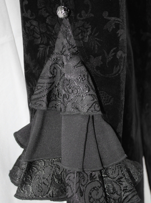 Gothic Style Palace Pattern Flocking Printed Fabric Chest Lace Ruffles Retro High Collar Black Trumpet Sleeve Jacquard Coat