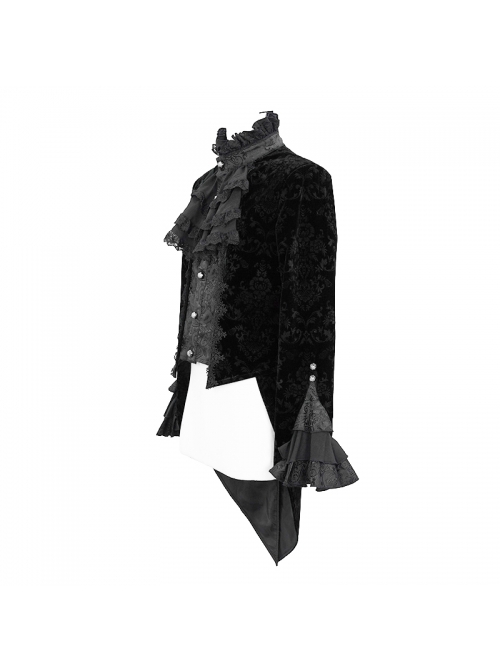 Gothic Style Palace Pattern Flocking Printed Fabric Chest Lace Ruffles Retro High Collar Black Trumpet Sleeve Jacquard Coat