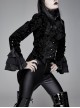 Gothic Style Palace Flocking Print Splicing Velvet Front Chest Lace Ruffles Black Retro High Collar Trumpet Sleeve Coat