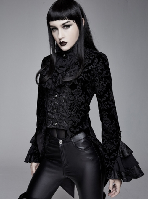 Gothic Style Palace Flocking Print Splicing Velvet Front Chest Lace Ruffles Black Retro High Collar Trumpet Sleeve Coat