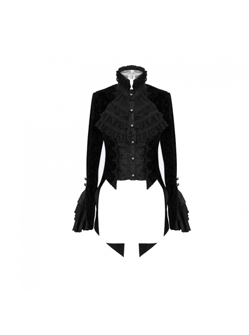 Gothic Style Palace Flocking Print Splicing Velvet Front Chest Lace Ruffles Black Retro High Collar Trumpet Sleeve Coat