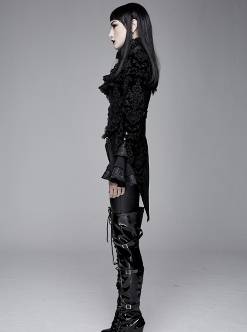 Gothic Style Palace Flocking Print Splicing Velvet Front Chest Lace Ruffles Black Retro High Collar Trumpet Sleeve Coat