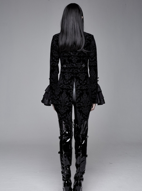 Gothic Style Palace Flocking Print Splicing Velvet Front Chest Lace Ruffles Black Retro High Collar Trumpet Sleeve Coat