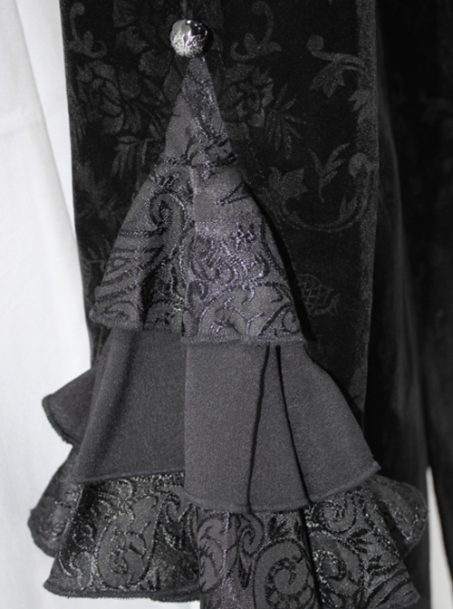 Gothic Style Palace Flocking Print Splicing Velvet Front Chest Lace Ruffles Black Retro High Collar Trumpet Sleeve Coat