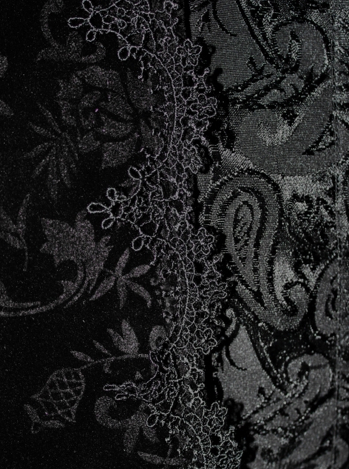 Gothic Style Palace Flocking Print Splicing Velvet Front Chest Lace Ruffles Black Retro High Collar Trumpet Sleeve Coat