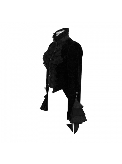 Gothic Style Palace Flocking Print Splicing Velvet Front Chest Lace Ruffles Black Retro High Collar Trumpet Sleeve Coat