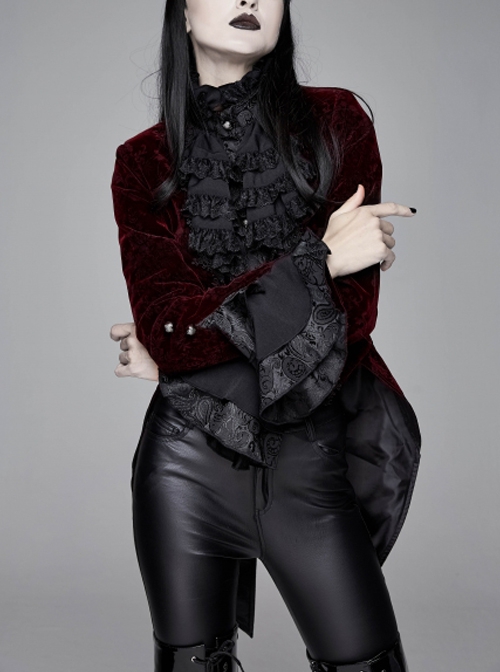 Gothic Style Palace Flocking Print Splicing Velvet Front Chest Lace Ruffles Wine Red Retro High Collar Trumpet Sleeve Coat