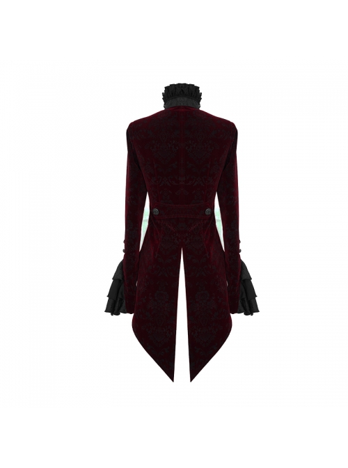 Gothic Style Palace Flocking Print Splicing Velvet Front Chest Lace Ruffles Wine Red Retro High Collar Trumpet Sleeve Coat