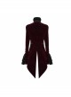 Gothic Style Palace Flocking Print Splicing Velvet Front Chest Lace Ruffles Wine Red Retro High Collar Trumpet Sleeve Coat