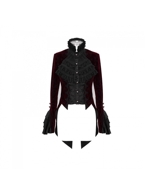Gothic Style Palace Flocking Print Splicing Velvet Front Chest Lace Ruffles Wine Red Retro High Collar Trumpet Sleeve Coat