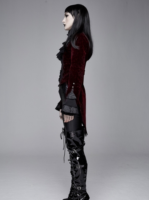 Gothic Style Palace Flocking Print Splicing Velvet Front Chest Lace Ruffles Wine Red Retro High Collar Trumpet Sleeve Coat