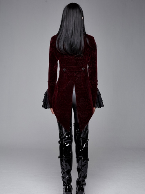 Gothic Style Palace Flocking Print Splicing Velvet Front Chest Lace Ruffles Wine Red Retro High Collar Trumpet Sleeve Coat