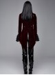 Gothic Style Palace Flocking Print Splicing Velvet Front Chest Lace Ruffles Wine Red Retro High Collar Trumpet Sleeve Coat