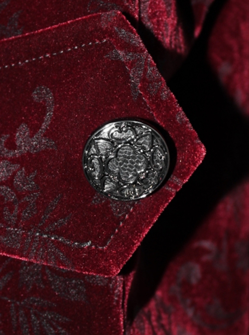 Gothic Style Palace Flocking Print Splicing Velvet Front Chest Lace Ruffles Wine Red Retro High Collar Trumpet Sleeve Coat