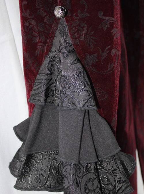 Gothic Style Palace Flocking Print Splicing Velvet Front Chest Lace Ruffles Wine Red Retro High Collar Trumpet Sleeve Coat