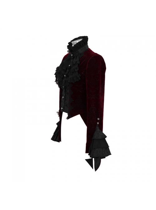 Gothic Style Palace Flocking Print Splicing Velvet Front Chest Lace Ruffles Wine Red Retro High Collar Trumpet Sleeve Coat