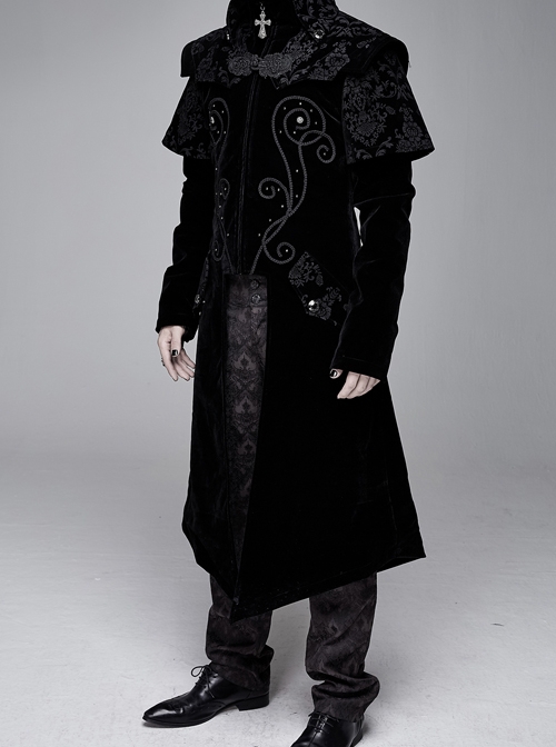 Gothic Style Exquisite Simple Velvet Printed Fabric Waist Hand Embroidery With Cross Rivets Black Long Sleeved Stand Collar Coat