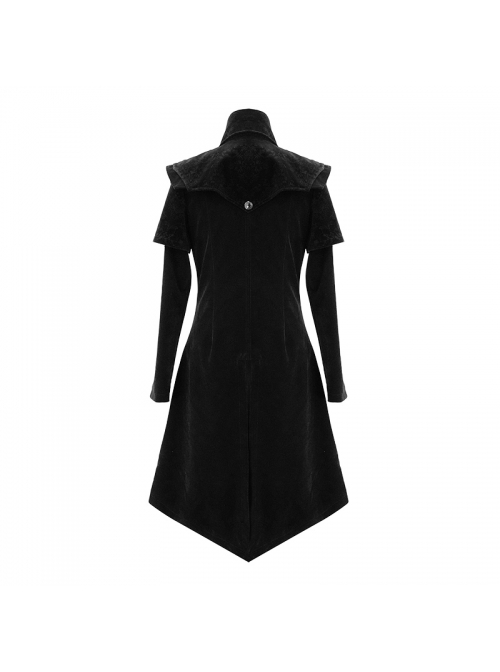 Gothic Style Exquisite Simple Velvet Printed Fabric Waist Hand Embroidery With Cross Rivets Black Long Sleeved Stand Collar Coat