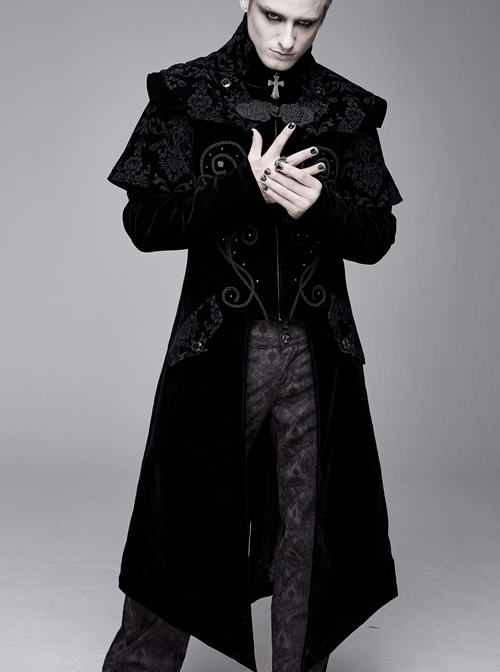 Gothic Style Exquisite Simple Velvet Printed Fabric Waist Hand Embroidery With Cross Rivets Black Long Sleeved Stand Collar Coat