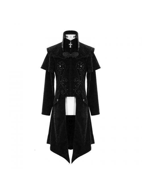 Gothic Style Exquisite Simple Velvet Printed Fabric Waist Hand Embroidery With Cross Rivets Black Long Sleeved Stand Collar Coat