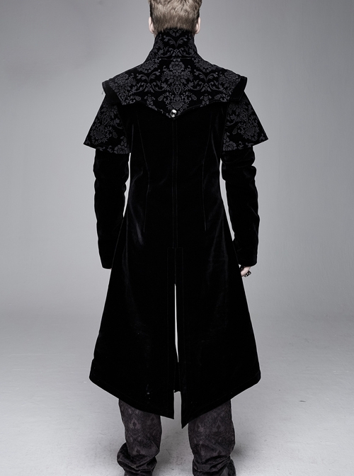 Gothic Style Exquisite Simple Velvet Printed Fabric Waist Hand Embroidery With Cross Rivets Black Long Sleeved Stand Collar Coat
