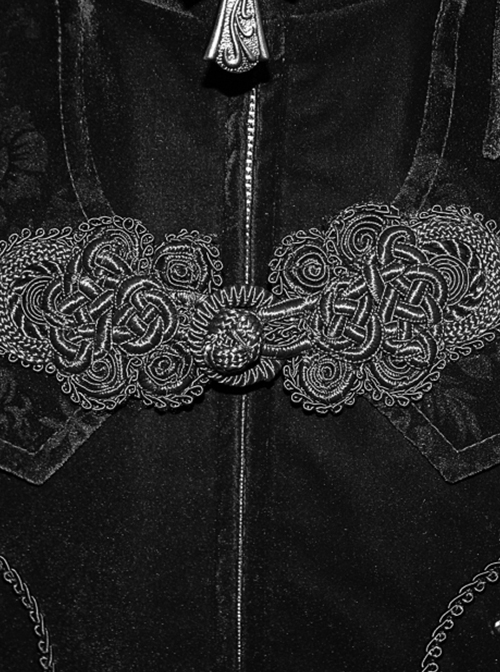 Gothic Style Exquisite Simple Velvet Printed Fabric Waist Hand Embroidery With Cross Rivets Black Long Sleeved Stand Collar Coat