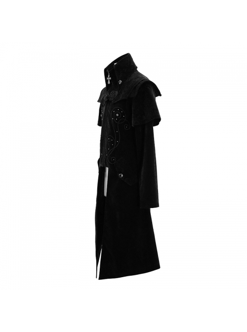 Gothic Style Exquisite Simple Velvet Printed Fabric Waist Hand Embroidery With Cross Rivets Black Long Sleeved Stand Collar Coat