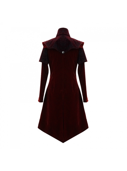 Gothic Style Exquisite Simple Velvet Printed Fabric Waist Hand Embroidery With Cross Rivets Wine Red Long Sleeved Stand Collar Coat