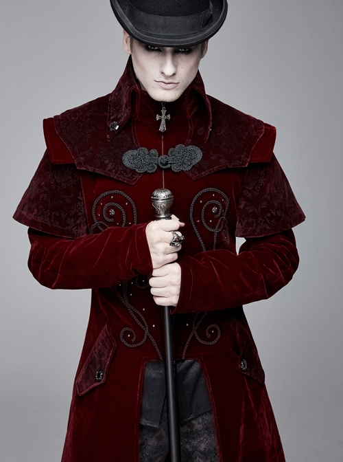 Gothic Style Exquisite Simple Velvet Printed Fabric Waist Hand Embroidery With Cross Rivets Wine Red Long Sleeved Stand Collar Coat