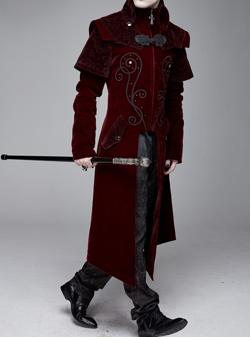 Gothic Style Exquisite Simple Velvet Printed Fabric Waist Hand Embroidery With Cross Rivets Wine Red Long Sleeved Stand Collar Coat
