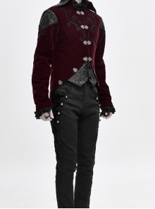 Gothic Retro Velvet Stitching Jacquard Chest Handmade Three Dimensional Embroidery Wine Red Retro Fake Two Piece Coat