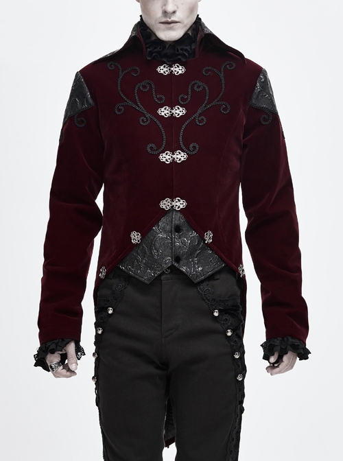 Gothic Retro Velvet Stitching Jacquard Chest Handmade Three Dimensional Embroidery Wine Red Retro Fake Two Piece Coat