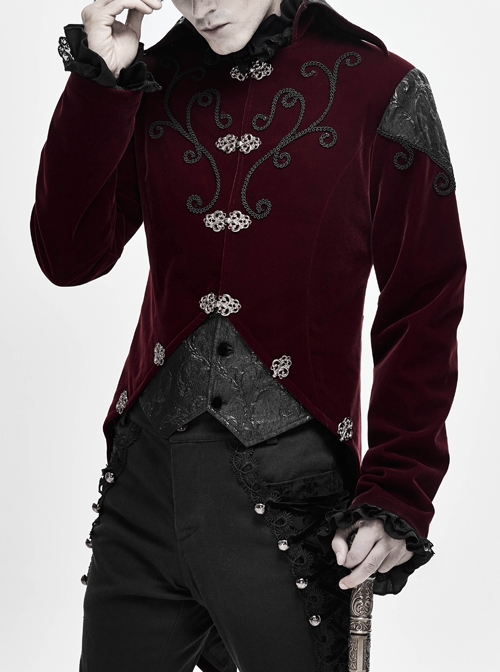 Gothic Retro Velvet Stitching Jacquard Chest Handmade Three Dimensional Embroidery Wine Red Retro Fake Two Piece Coat