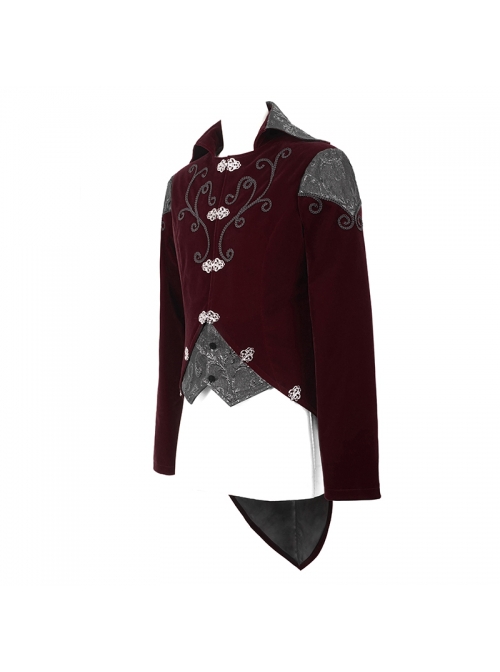 Gothic Retro Velvet Stitching Jacquard Chest Handmade Three Dimensional Embroidery Wine Red Retro Fake Two Piece Coat