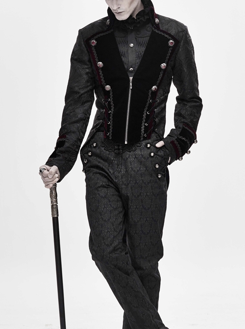 Gothic Retro Jacquard Woven Splicing Velvet Fabric Front Center Tie Metal Button Decoration Black Swallowtail Coat