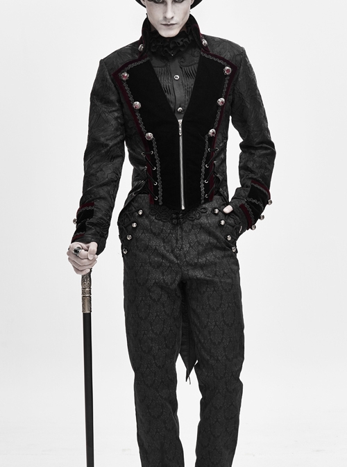 Gothic Retro Jacquard Woven Splicing Velvet Fabric Front Center Tie Metal Button Decoration Black Swallowtail Coat