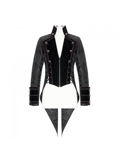 Gothic Retro Jacquard Woven Splicing Velvet Fabric Front Center Tie Metal Button Decoration Black Swallowtail Coat